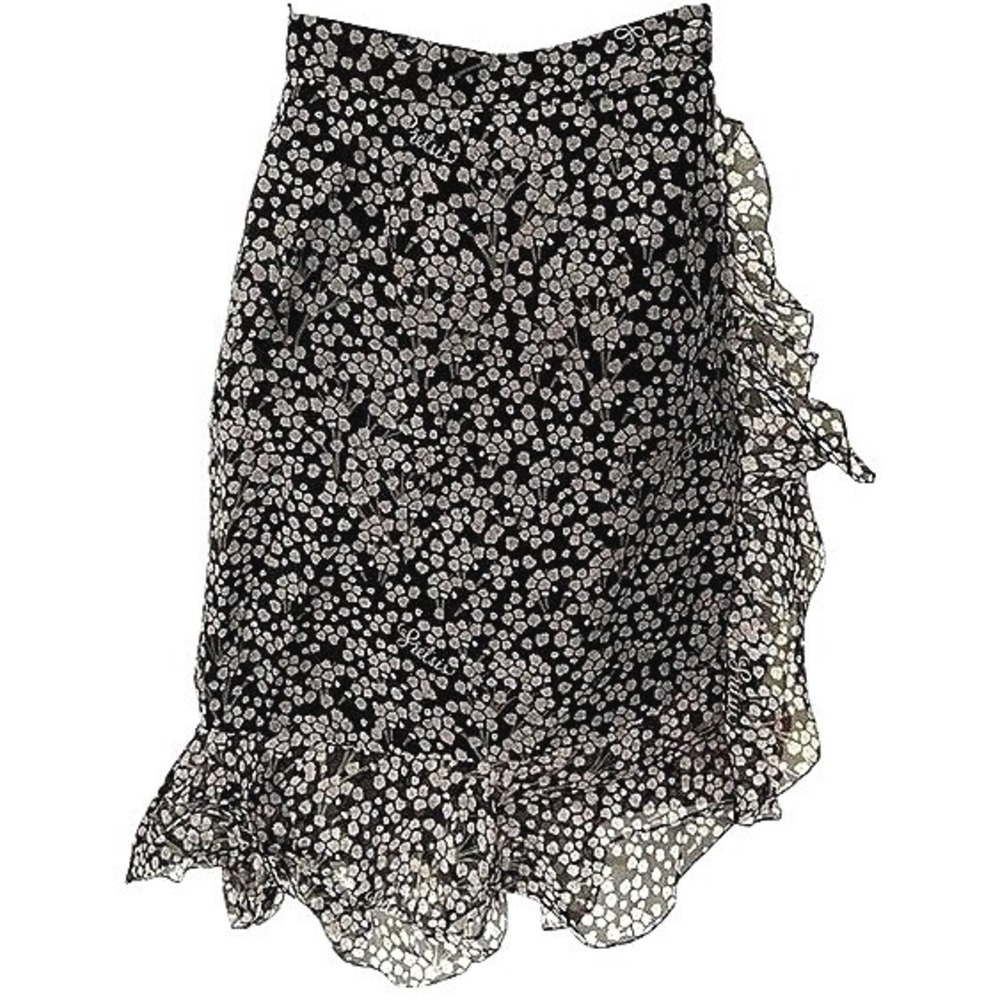 Sretsis Silk Floral Ruffle Midi Skirt‎ Black Asymmetrical Designer Womens